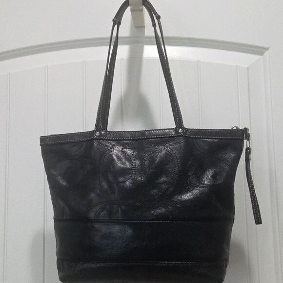 COACH Black Patent Leather Signature Stripe Tote Shoulder Bag (F15142) - Picture 2 of 9